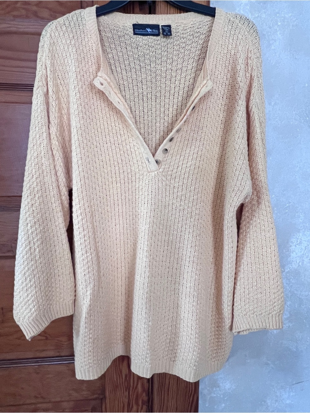 Hunters Run Pastel Yellow Crochet Granola Oversized Tunic V-Neck Sweater Size L